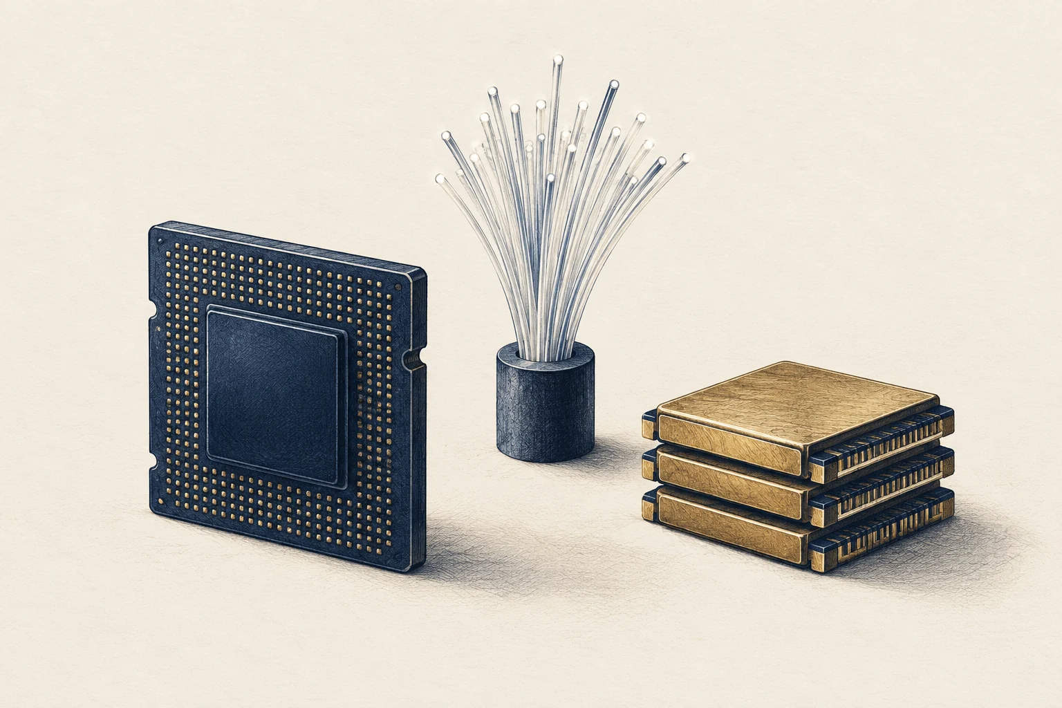 AI-generated concept illustration: a silicon chip, optical fibers and stacked memory components on a paper background; no real products or market data depicted.