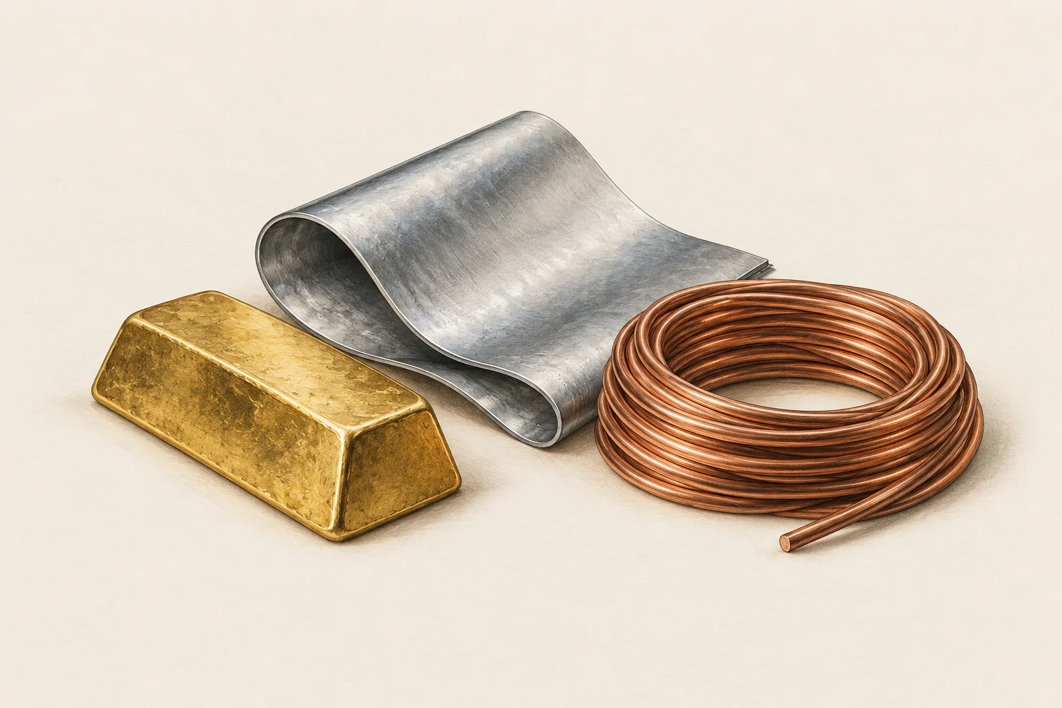 AI-generated concept illustration: a gold-colored ingot, a silver-colored sheet and a copper coil; conceptual materials, not real inventories or price data.
